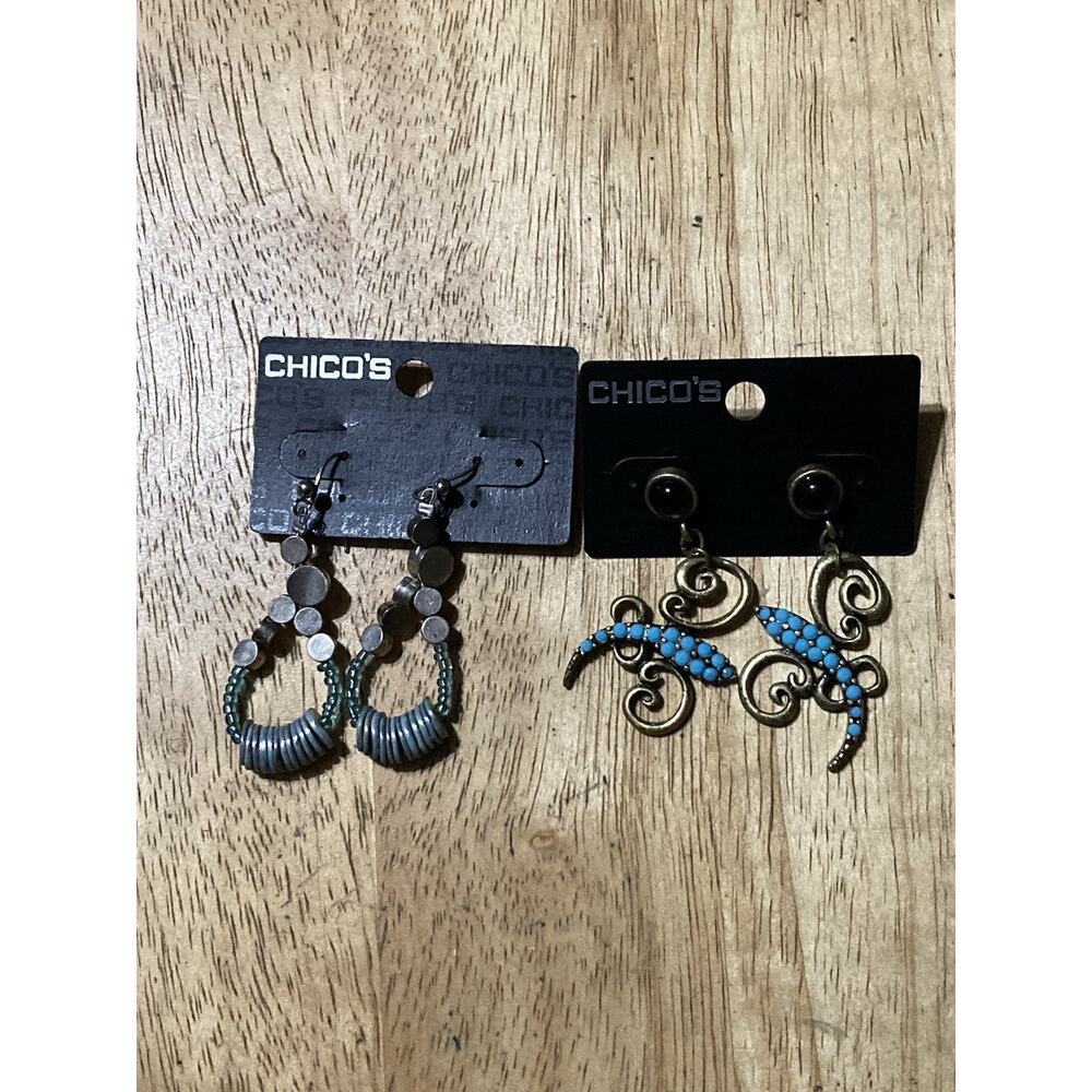 Chico's Turquoise And Gold Silver Plated Earrings Set Of 2 Scrolls Dragonfly NEW